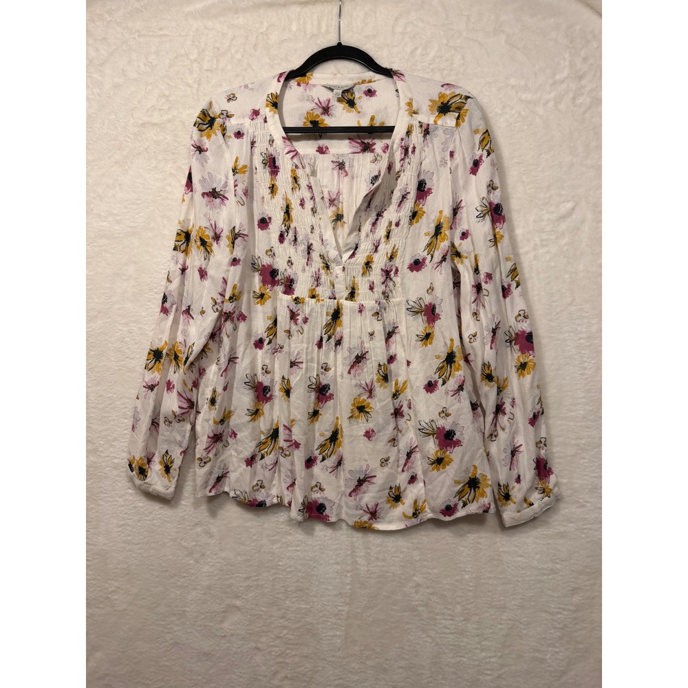 Lucky Brand Floral Peasant Blouse Womens Large White Pink Yellow Smocked 7WP4242